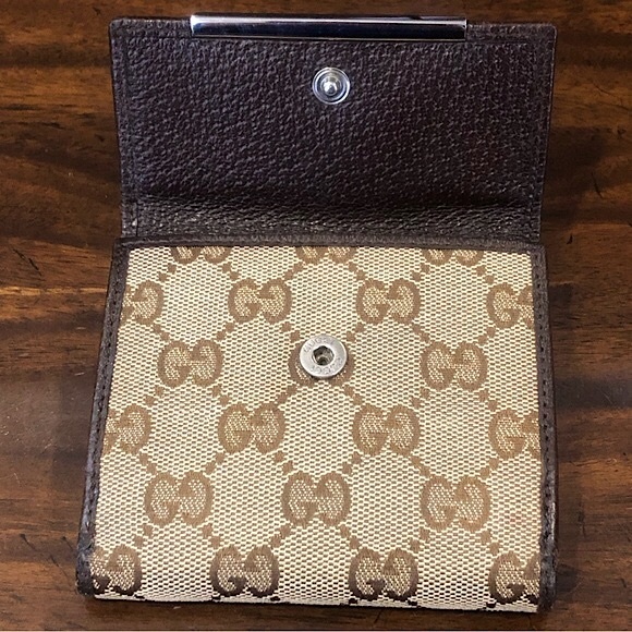 GUCCI GG Web Brown Leather and Tan Canvas Monogram Trifold Wallet Authentic - Picture 7 of 17